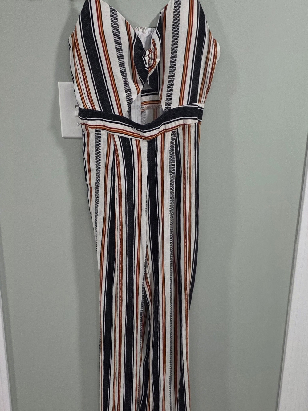 Sleeveless Striped V-Neck Jumpsuit in White, Black & Brown